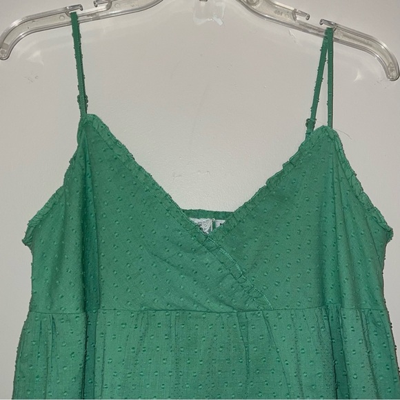 Sadie and Sage Green Swiss Dot Sleeveless Tiered Boho Beachy Dainty Mini Dress - Picture 5 of 14